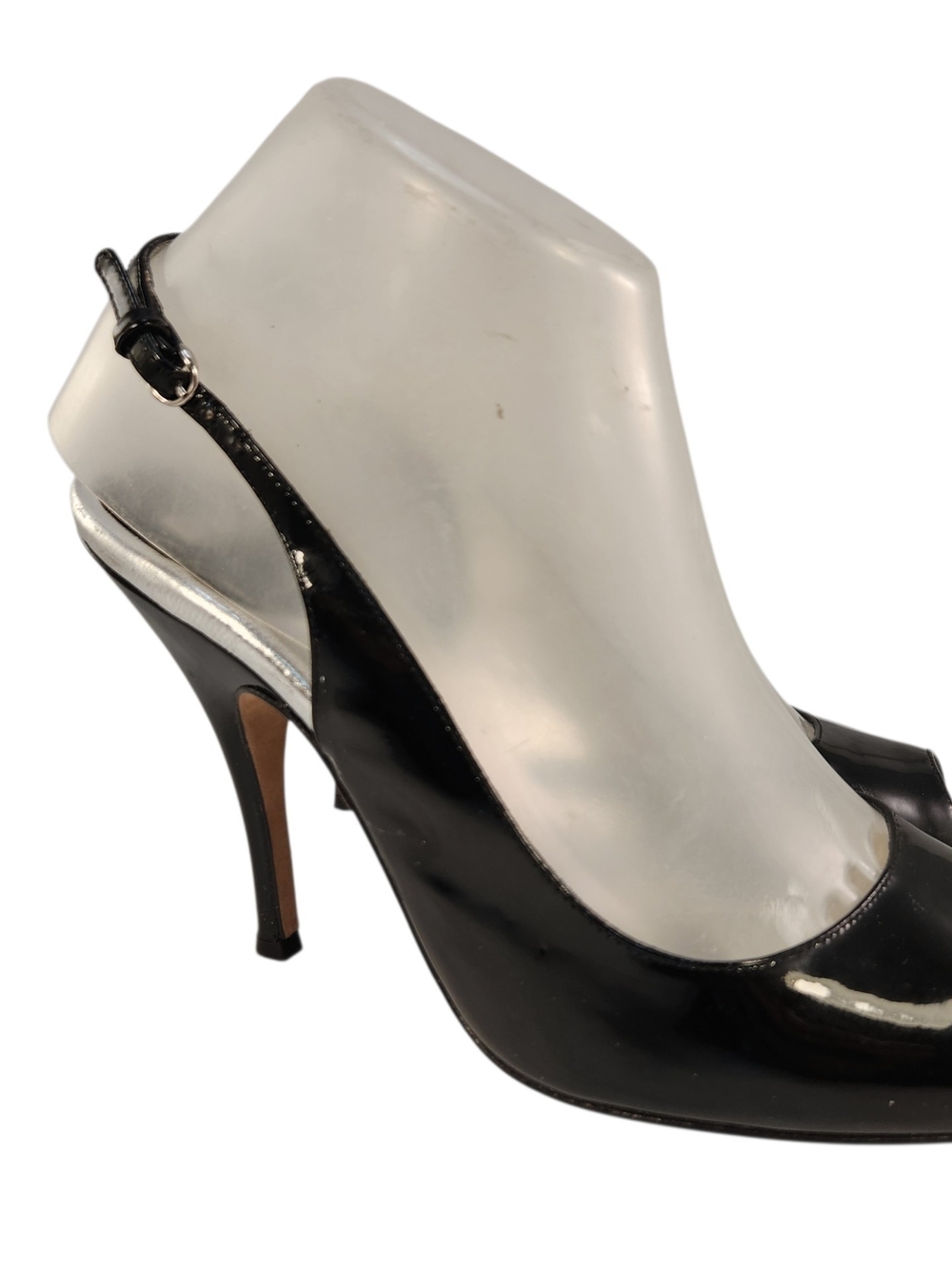 DOLCE GABBANA D & G SLINGBACK OPENTOE PATENT LEATHER BLACK SHOES HEEL LADY SZ 38